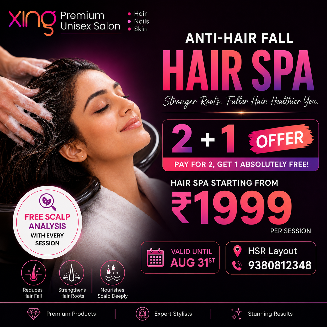 Anti-Hairfall Hair Spa offer, 2+1, starting from ₹1999 per session, at Xing Salon HSR Layout